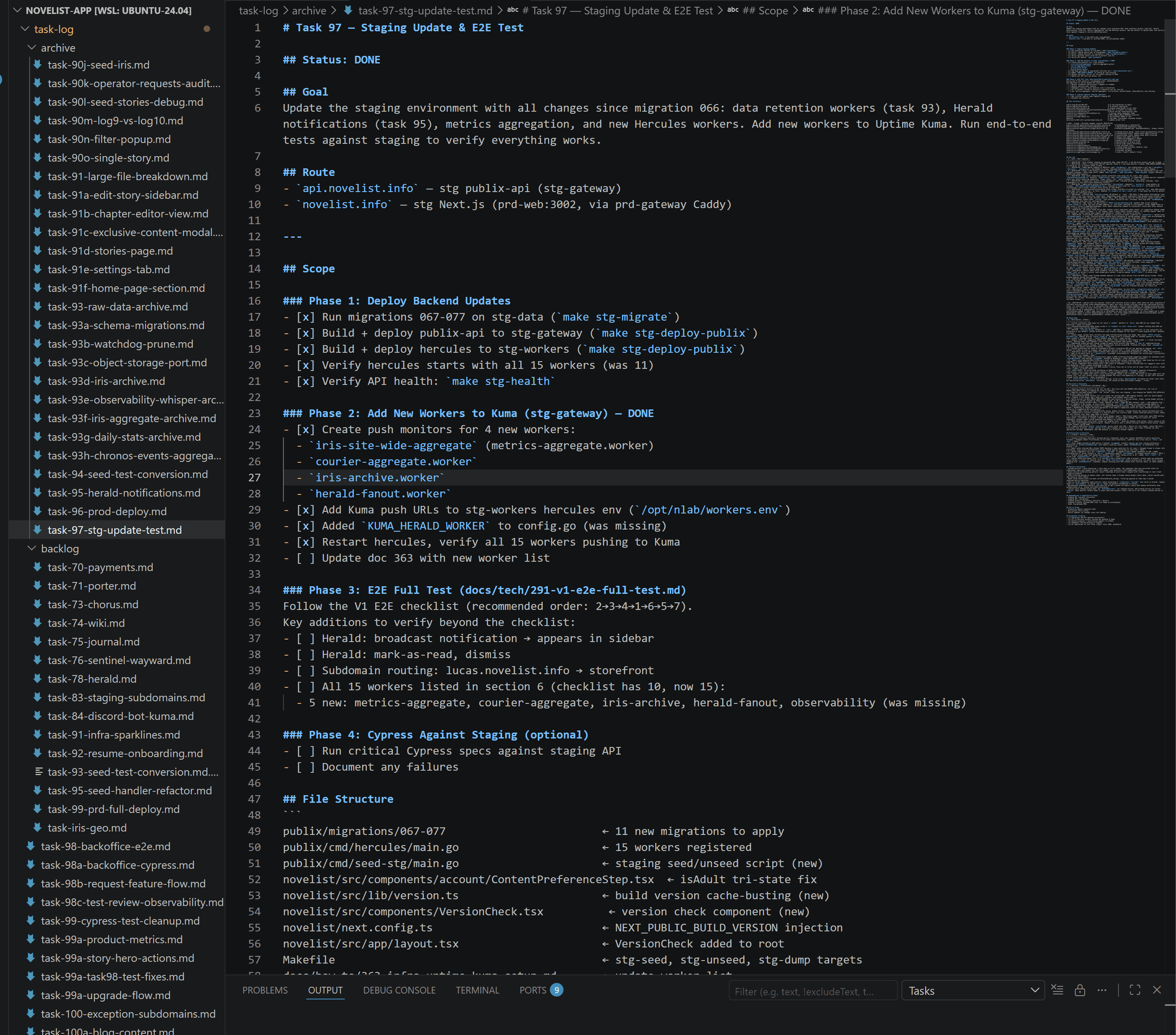 A view of the task-log directory — 141 archived task files, one per feature.